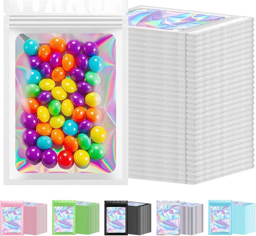 Miniatura 9 de 300 bolsas holográficas de Mylar a granel, bolsas resellables a prueba de olores con ventana transparente, bolsa de aluminio para pequeñas empresas