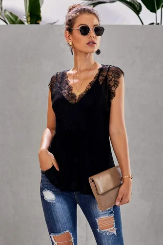Miniatura 6 de Blusa de encaje con cuello en V para mujer, blusa casual sin mangas