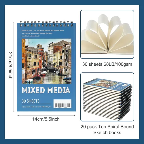 Miniatura 2 de Jexine 20 cuadernos de bocetos encuadernados en espiral superior de 5.5 x 8.5 pulgadas, 30 hojas cada una (68 libras/3.53 oz/m²), bloc de dibujo