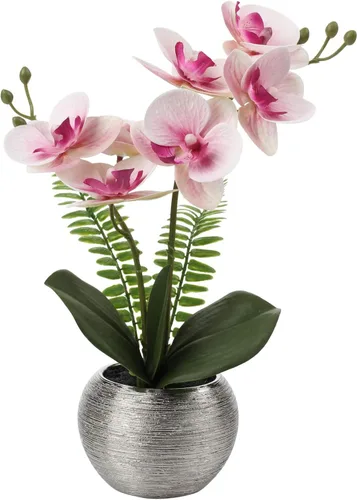 Miniatura 10 de Briful Pequeñas flores artificiales de orquídeas artificiales de 13 pulgadas en maceta de cerámica plateada, arreglo de orquídeas artificiales
