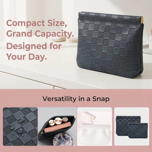 Miniatura 4 de Juego de 2 bolsas de maquillaje a cuadros, color negro, bolsa de cosméticos con bolsillo de cuero para bolso, bolsa de maquillaje pequeña