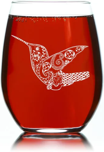 Miniatura 4 de C M Copa de vino sin tallo de 17 onzas, vidrio grabado con láser con diseño de colibrí, regalo para amantes de los colibríes para mujeres y hombres