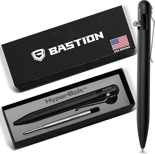 BASTION Bolt Action Pen - Bolígrafo HyperBolt EDC de aluminio negro, bolígrafo de escritura de metal premium, tinta suave, bolígrafo de bolsillo
