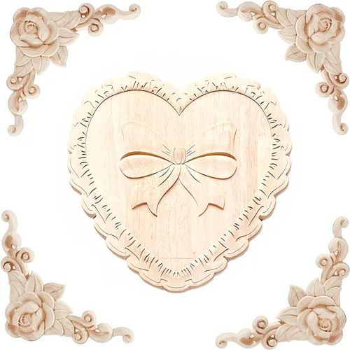 Miniatura 12 de 5 piezas de apliques de madera tallada en madera Onlays Onlays DIY tallados muebles apliques Onlays sin pintar centro tallado calcomanía para puerta