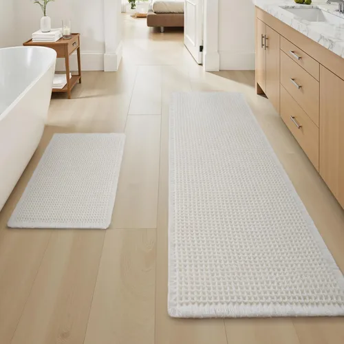 Miniatura 15 de AMOAMI Tapete de baño mejorado con diseño de gofre, súper absorbente, antideslizante, para suelo de baño, lavable a máquina, con borlas, tapetes