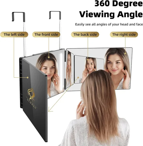 Miniatura 3 de Espejo de Tres Vías para Trenzar Cabello con Luz LED Espejo Tríptico 360 para Mujeres para Trenzar Cortes de Cabello para Hombres Autocorte Afeitado