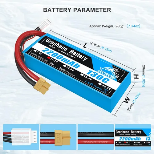 Miniatura 2 de Yowoo - Paquete de 2 baterías Lipo 3S de 2200 mAh 11.1 V 130C Graphene Lipo con enchufe XT60 para E flite Valiant Parkzone E4F Wildcat Great Planes