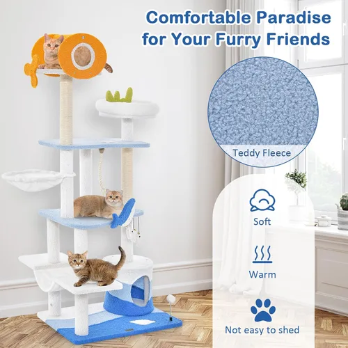 Miniatura 8 de Tangkula Árbol para gatos con temática oceánica, torre para gatos de 3 niveles con postes rascadores de sisal, condominio, perca, hamaca, juguetes