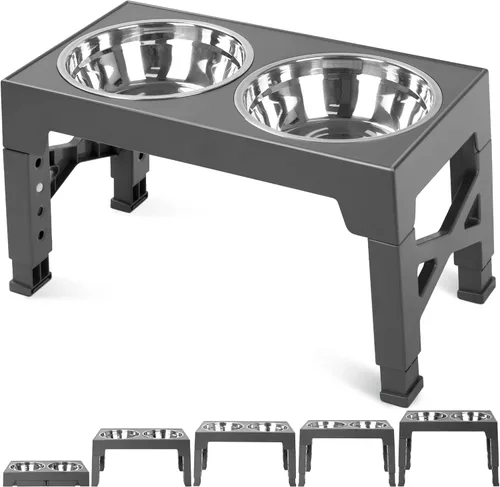 Niubya Cuencos elevados para perros con 2 cuencos de comida de acero inoxidable para perros, cuenco elevado para perros que se ajusta a 5 alturas