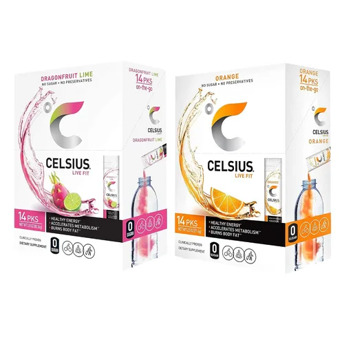 CELSIUS Live Fit On-the-Go Powder Stick Zero Sugar - Paquete combinado de fruta del dragón, lima y naranja (14 barras de cada sabor)