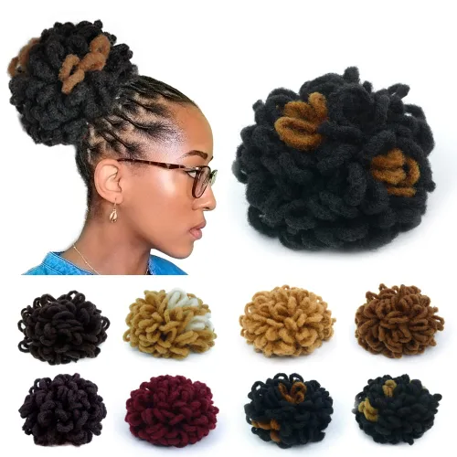 Miniatura 37 de Moños de Cola de Caballo con Cordón Negro Marrón Loc para Mujeres Negras Moño Rizado de Pétalo Loc Cola de Caballo de Rastas Trenzas Faux Locs Moño