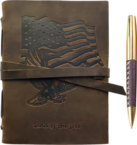 Diario encuadernado en cuero para hombres y mujeres, juego de regalo patriótico hecho a mano con bandera de Estados Unidos y águila en relieve y