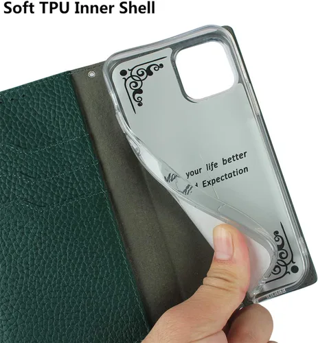 Miniatura 8 de iCoverCase Compatible con iPhone 11 Pro Max, funda magnética de piel auténtica con bloqueo RFID, correa para la muñeca y ranuras para tarjetas, Verde