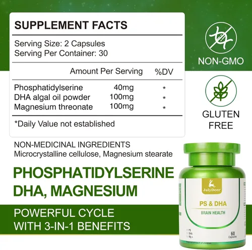Miniatura 2 de 2 botellas de magnesio-100 mg, DHA-100 mg, fosfatidilserina-40 mg, suplementos de complejo de magnesio para la salud cerebral de los niños mayores
