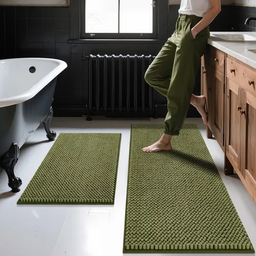 BSICPRO Juego de alfombras de baño 2 piezas - Tapetes de baño de chenilla antideslizantes - Gruesa y suave alfombra absorbente de salvia para baño -