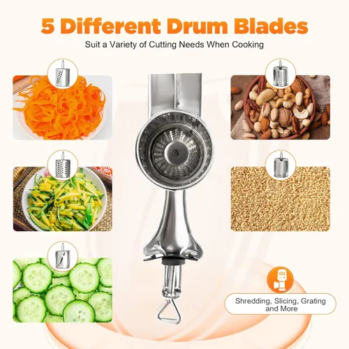 Miniatura 6 de DYNAMI Rallador giratorio de acero inoxidable 5 en 1, rallador de cocina, cortador de verduras, molinos de alimentos con 5 tambores inoxidables