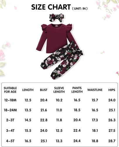 Miniatura 6 de YALLET 3 piezas de ropa de niña pequeña, color liso, manga larga, con volantes, pantalón floral + diadema floral