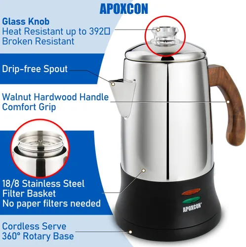 Miniatura 4 de APOXCON Percolador de Café Eléctrico Cafetera de Acero Inoxidable con Perilla de Vidrio Resistente Transparente para Ver el Progreso