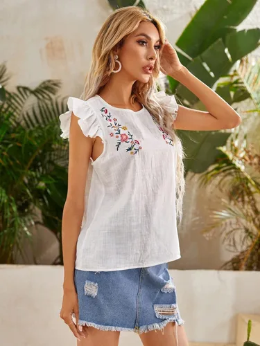 Miniatura 4 de WDIRARA - Blusa a rayas con volantes, manga casquillo y cuello en V con muesca para mujer
