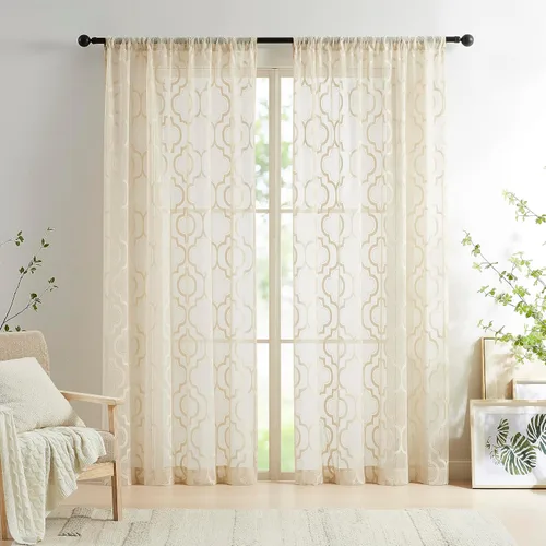 Miniatura 10 de Purainbow Paneles de Cortinas Transparentes de Encaje Floral para Ventana de 54 Pulgadas de Largo, Cortinas Transparentes de Gasa Geométrica