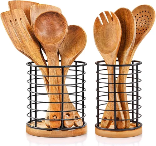 hunnycook 2 Soportes para Utensilios, 5.1*5.1*5.8 y 3.7*3.7*5.8 pulgadas Soportes para Utensilios de Cocina, Recipientes Negros de Metal con Base de