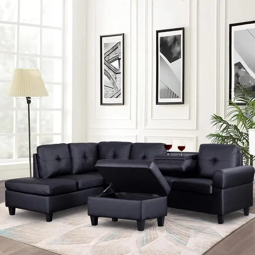 Miniatura 11 de EMKK Sofá modular de 3 piezas, juego de muebles de sala de estar, sofá esquinero tapizado de 5 plazas en forma de L, 1 diván gris oscuro