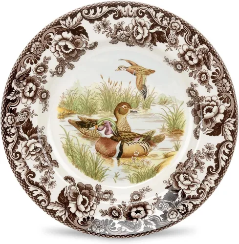 Miniatura 10 de Spode Woodland - Plato de ensalada de porcelana fina, diseño de lucioperca con borde floral marrón, vajilla clásica de campo inglés para cenas