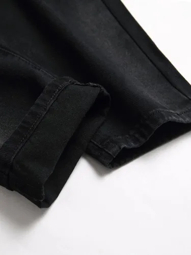 Miniatura 4 de QONIA Jeans para hombre con detalle de parche de oso y letra, rasgados, deshilachados, ajustados, de pierna recta, jeans para hombres