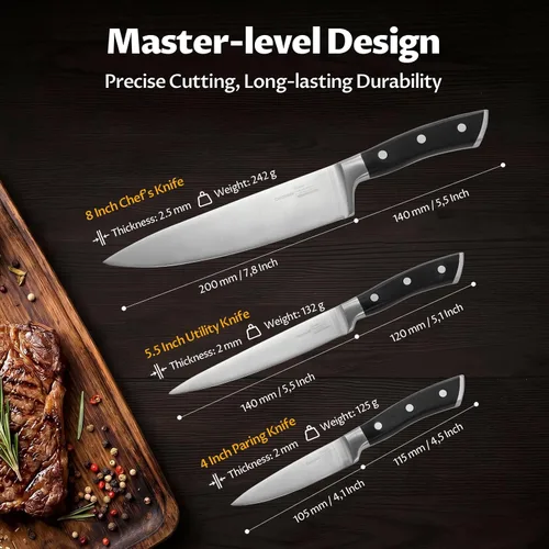 Miniatura 6 de OAKSWARE Juego de cuchillos de cocina de 3 piezas, cuchillos de cocina ultra afilados, cuchillo de pelar y cuchillo utilitario para cocina, acero