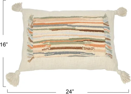 Miniatura 3 de Creative Co-Op Tejido de algodón con apliques lumbares, almohada con flecos y borlas, 24 pulgadas de largo x 16 pulgadas de ancho x 2 pulgadas
