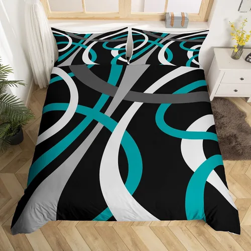 Miniatura 9 de Feelyou Juego de funda de edredón geométrica de color rojo, negro y gris, juego de ropa de cama retro con remolinos circulares a rayas circulares