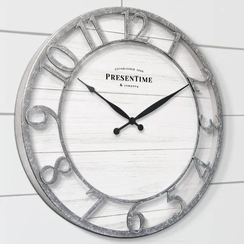 Miniatura 5 de Presentime & Co - Reloj de pared de la serie Farmhouse de 21 pulgadas, estilo Shiplap, número arábigo 3D elevado, acabado galvanizado. Decoración