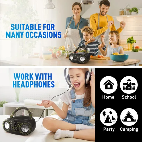 Miniatura 9 de Pyle Reproductor de CD portátil Bluetooth Boombox altavoz – Radio estéreo AM/FM y sonido de audio, compatible con CD-R-RW/MP3/WMA, USB, AUX