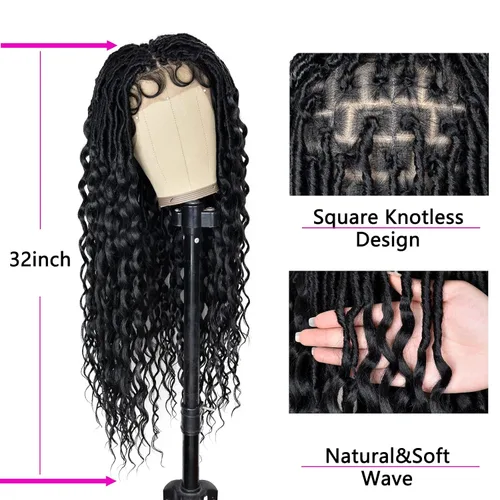 Miniatura 6 de Pelucas trenzadas de encaje completo negro para mujeres negras, pelucas de ganchillo de imitación de diosa con cabello de bebé, suave sin nudos