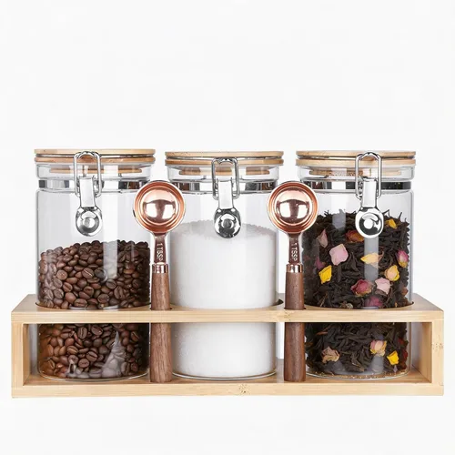 Tarros de vidrio de borosilicato transparente con abrazadera de bloqueo hermético, tapas de bambú para cocina, sin BPA