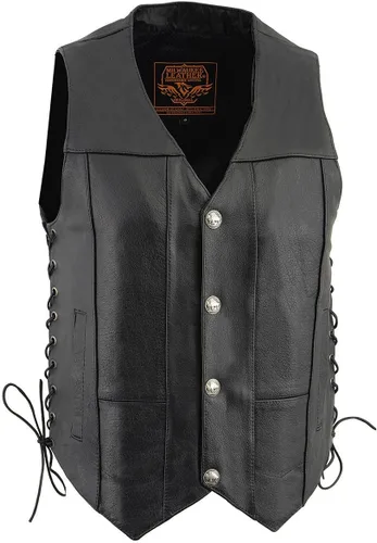 Milwaukee Leather LKM3701 Chaleco clásico de cuero negro para hombre con cuello en V estilo motero con broches de búfalo y cordones laterales