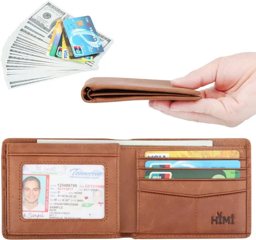 Miniatura 37 de HIMI - Cartera elegante de cuero auténtico para hombre, con bloqueo de interferencia de radiofrecuencia (RFID), con 2 ventanas para identificación