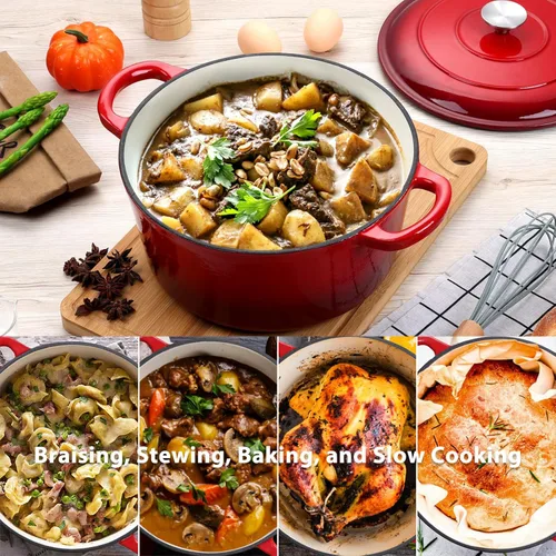Miniatura 4 de E-far Horno holandés de hierro fundido esmaltado con tapa, olla redonda holandesa de 6 cuartos, utensilios de cocina antiadherentes para estofar