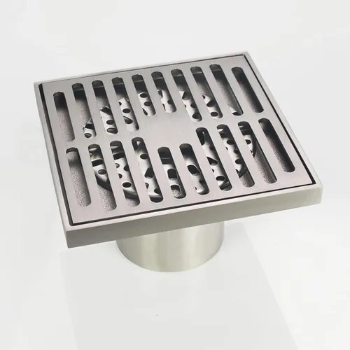 PHASAT Desagüe de piso de latón contemporáneo cuadrado de 4 pulgadas, con colador extraíble, níquel cepillado, 80601N