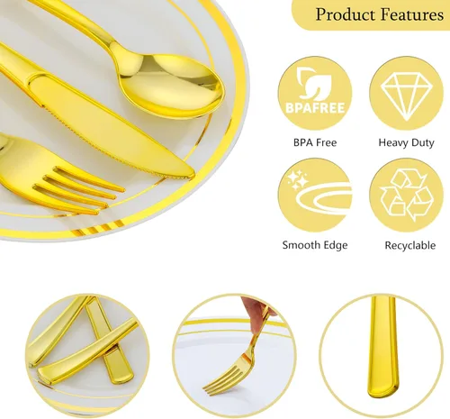 Miniatura 4 de Juego de vajilla de oro de 175 piezas para 25 invitados, platos desechables de plástico blanco con borde dorado resistentes para fiesta y boda