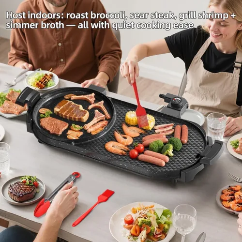 Miniatura 2 de AORAN - Combo de parrilla eléctrica y olla caliente para cocina en interiores, parrilla desmontable de doble zona de 2200 W con bandeja dividida