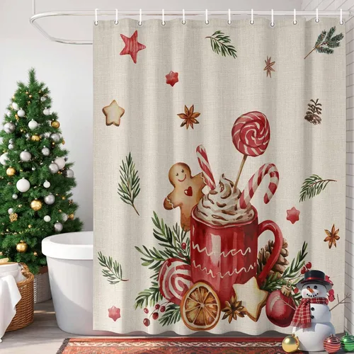 Miniatura 4 de Cortina de ducha navideña para baño, 72 x 72 pulgadas, diseño de hombre de jengibre retro, café, capuchino, cortina de ducha de lino con ganchos