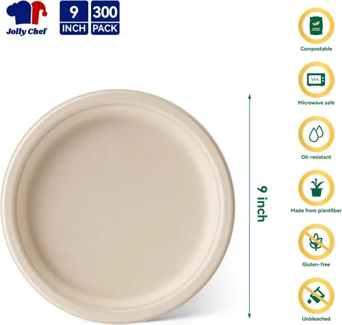 Miniatura 2 de JOLLY CHEF Platos compostables resistentes de 9 pulgadas [paquete de 300 unidades] Platos de papel natural desechables ecológicos, bagazo Marrón