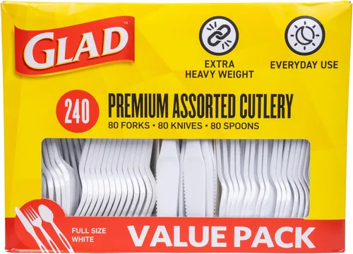 Miniatura 11 de Glad Cubiertos de plástico surtidos de alta calidad, tenedores, cuchillos y cucharas transparentes extra resistentes, juego de 150 piezas