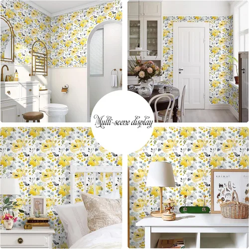 Miniatura 6 de Toduso Papel Tapiz Floral Despegar y Pegar Papel Tapiz Amarillo/Gris/Blanco Acuarela Papel de Contacto Autoadhesivo Removible Papel Tapiz Forros