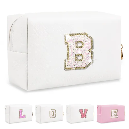 Miniatura 50 de Pequeña bolsa de maquillaje personalizada con inicial A-Z Preppy Patch, bolsa de cosméticos de viaje de felpilla blanca con cremallera, bonita bolsa