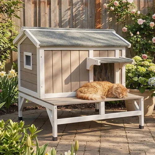 Miniatura 8 de PetsCosset Casa para gatos al aire libre, refugio de madera para gatos con interior de tela rascadora incorporada, diseño de 2 pisos resistente a