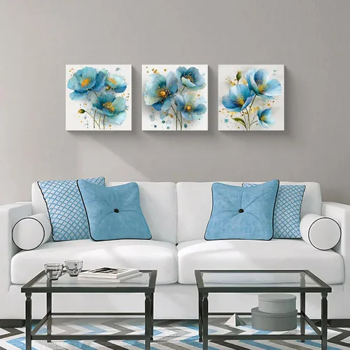Miniatura 6 de NAN Wind 3 piezas de arte de pared de flores azules, impresión botánica moderna, ilustración floral floreciente, salpicaduras de acuarela y elegante