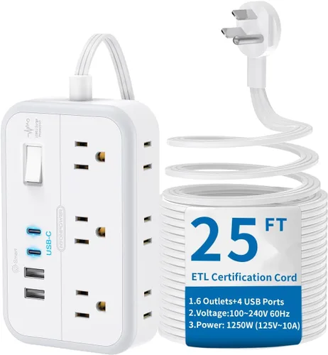 Regleta de alimentación NTONPOWER con cable de extensión plano de 25 pies, con 6 salidas y 4 puertos USB (2 USB C), enchufe plano, múltiples Blanco