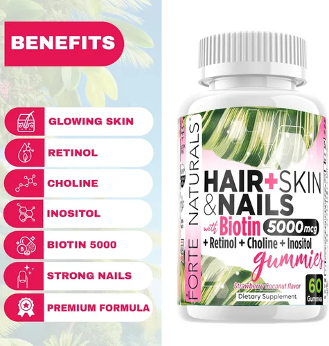 Miniatura 2 de Gomitas de biotina para el cabello y la piel, 5,000 mcg por porción, suplemento de belleza para un cabello más fuerte, vegano, suplemento kosher